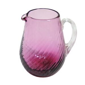 Hand Blown Purple Glass Pitcher 4" Creamer Syrup Vase Ribbed Clear Handle Pontil